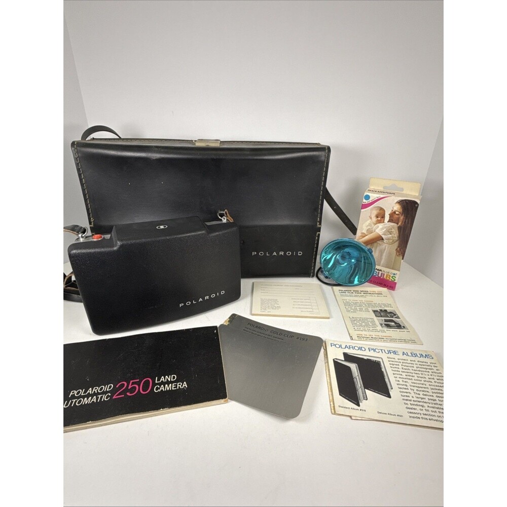 Vintage Polaroid 250 Land Camera- Case-Portrait Kit- Flash- Mount Cards-Bulbs+